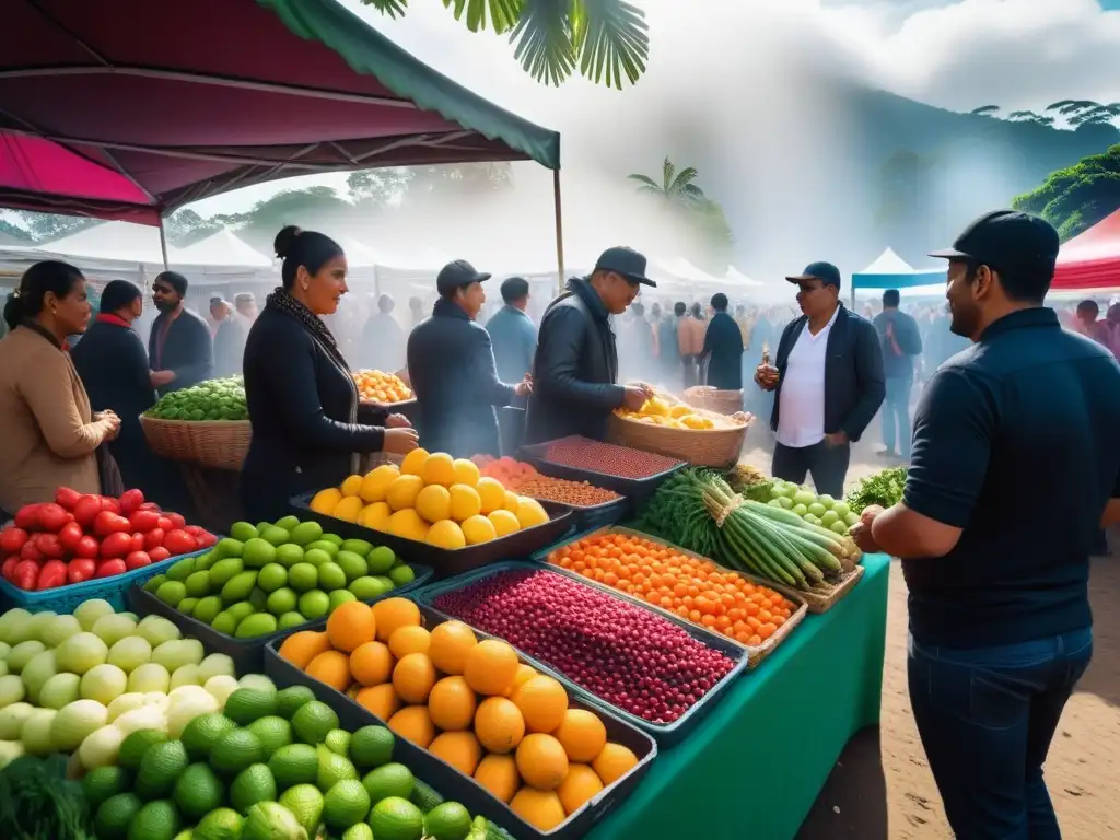 Escena vibrante de un mercado al aire libre en América Latina, celebrando la comunidad y la innovación culinaria en Festivales Veganos América Latina