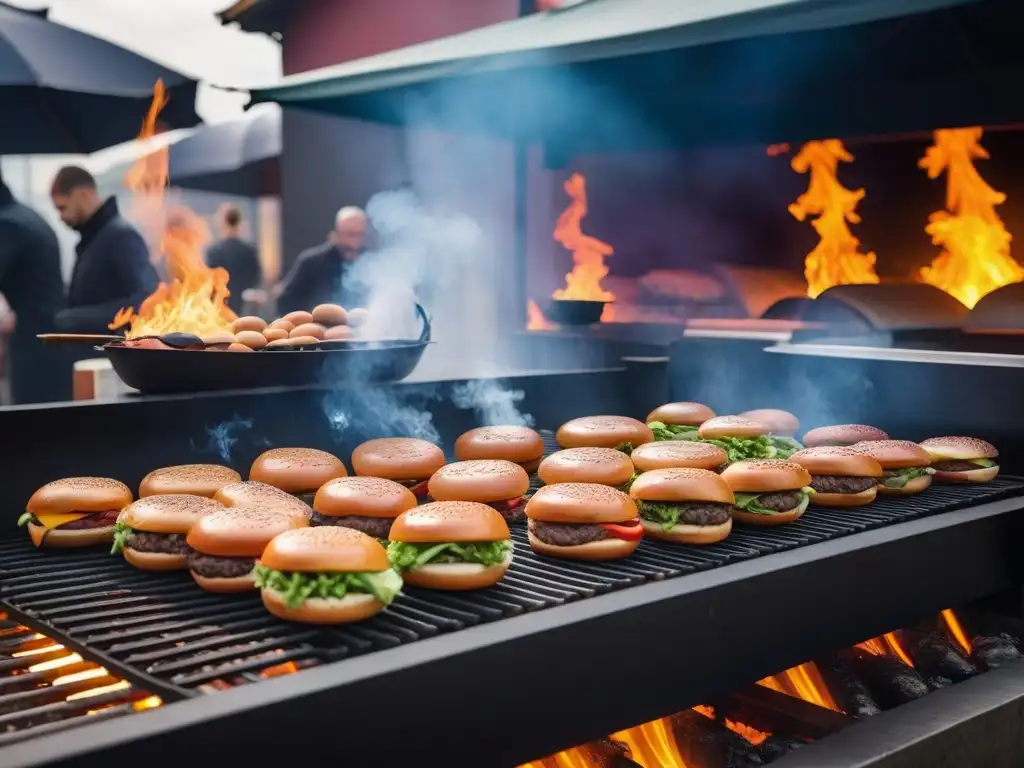 Una escena vibrante en un mercado callejero europeo, con hamburguesas veganas deliciosas a la parrilla y una multitud diversa ansiosa por probarlas