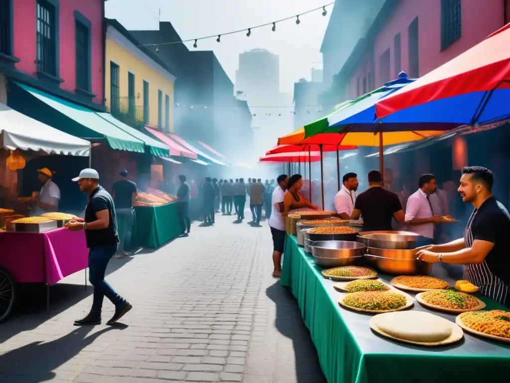 Escena vibrante de mercado callejero con recetas comida callejera vegana latina como tacos, arepas y empanadas, ambiente animado y auténtico