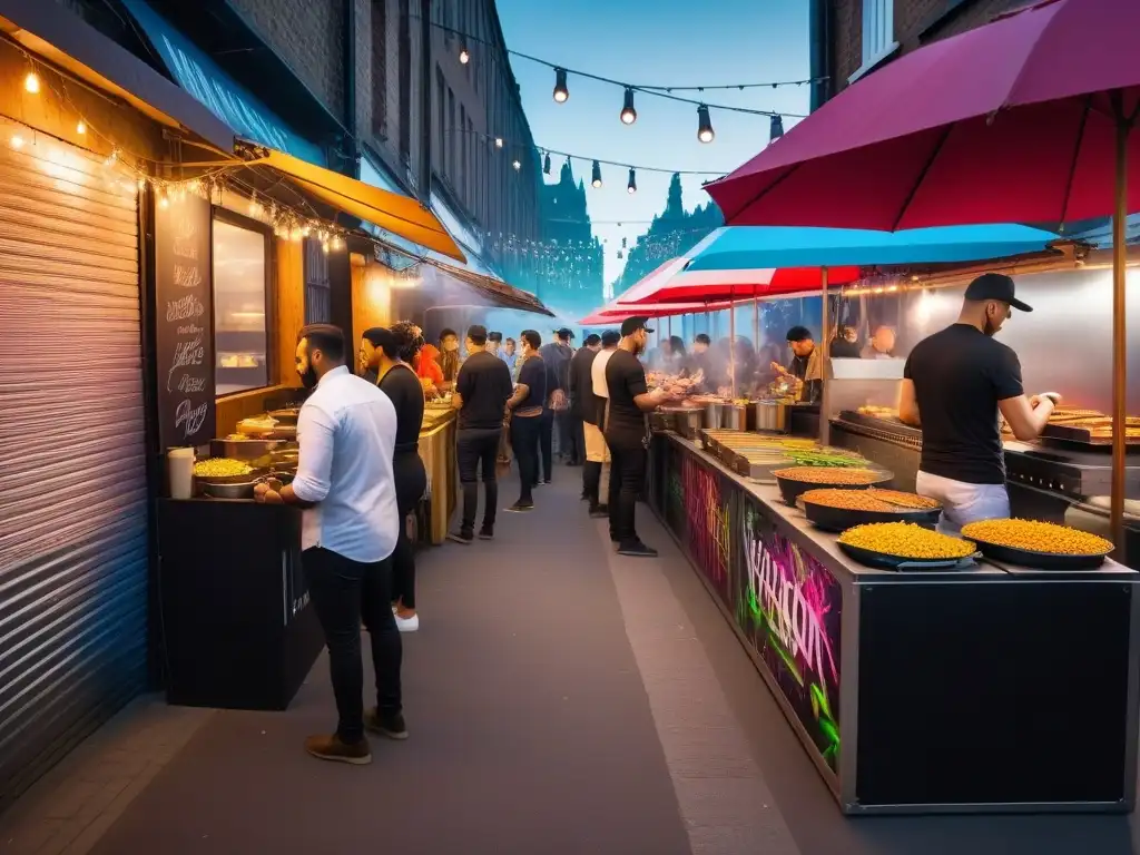 Escena vibrante de mercado callejero con cursos online cocina vegana street, chefs preparando platos veganos coloridos y clientes ansiosos