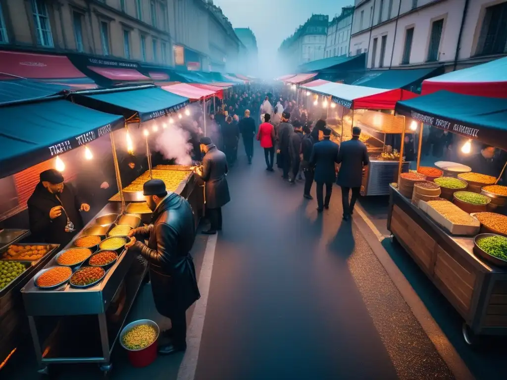 Escena vibrante de mercado callejero con chefs veganos preparando platos deliciosos