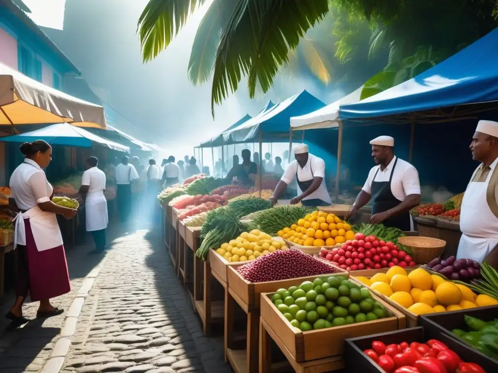 Una escena vibrante de un mercado callejero caribeño con chefs veganos caribeños destacados entre frutas y verduras tropicales coloridas