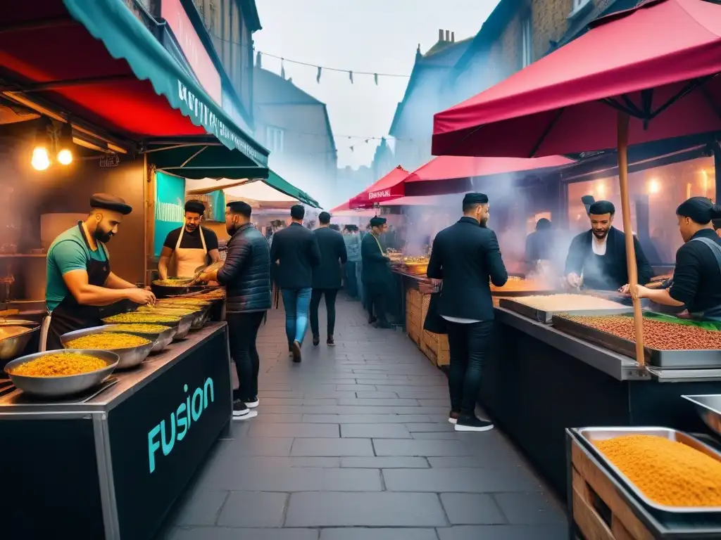 Escena vibrante de mercado callejero vegano con recetas veganas fusiones culturales deliciosas