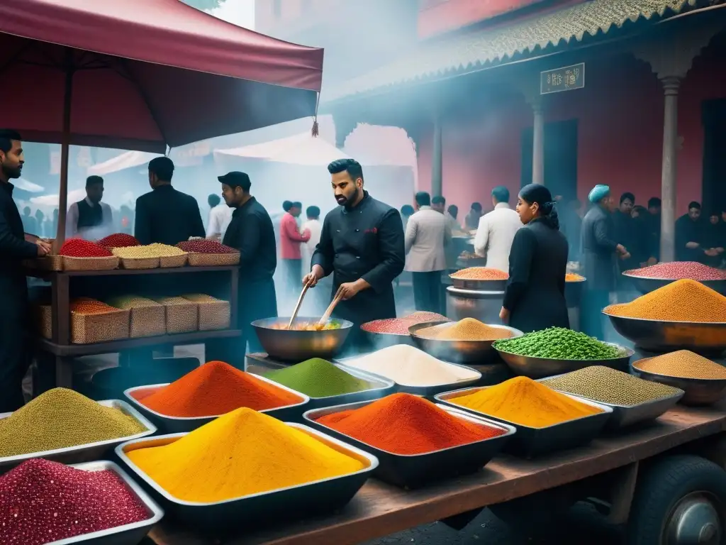 Escena vibrante de mercado callejero indio con especias, verduras frescas y chefs preparando platillos tradicionales