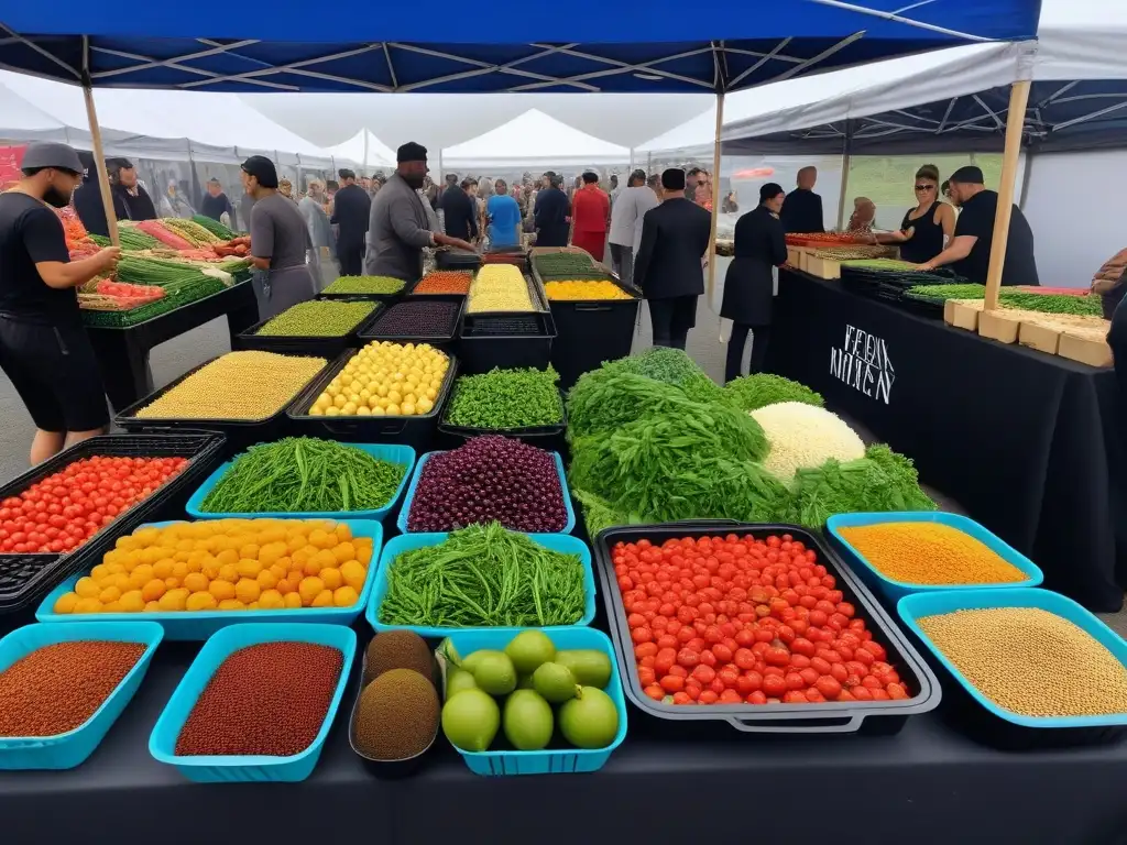 Escena vibrante en un mercado con chefs, agricultores y consumidores disfrutando de un festín vegano