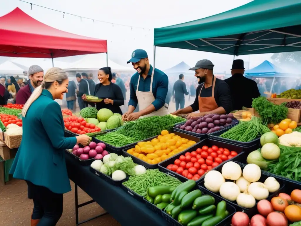 Escena vibrante de mercado agrícola con clientes diversos disfrutando una comida vegana