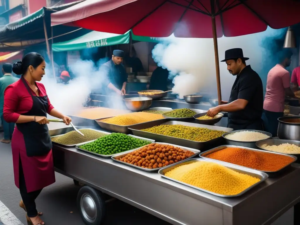 Escena vibrante de mercado de comida callejera en el Sudeste Asiático con recetas veganas, chefs locales y clientes diversos