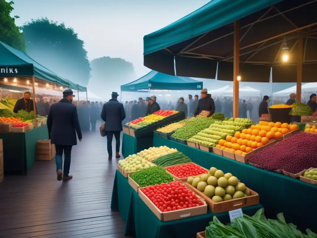 Escena vibrante de mercado agrícola con frutas, verduras y hierbas orgánicas en puestos de madera, personas diversas interactúan