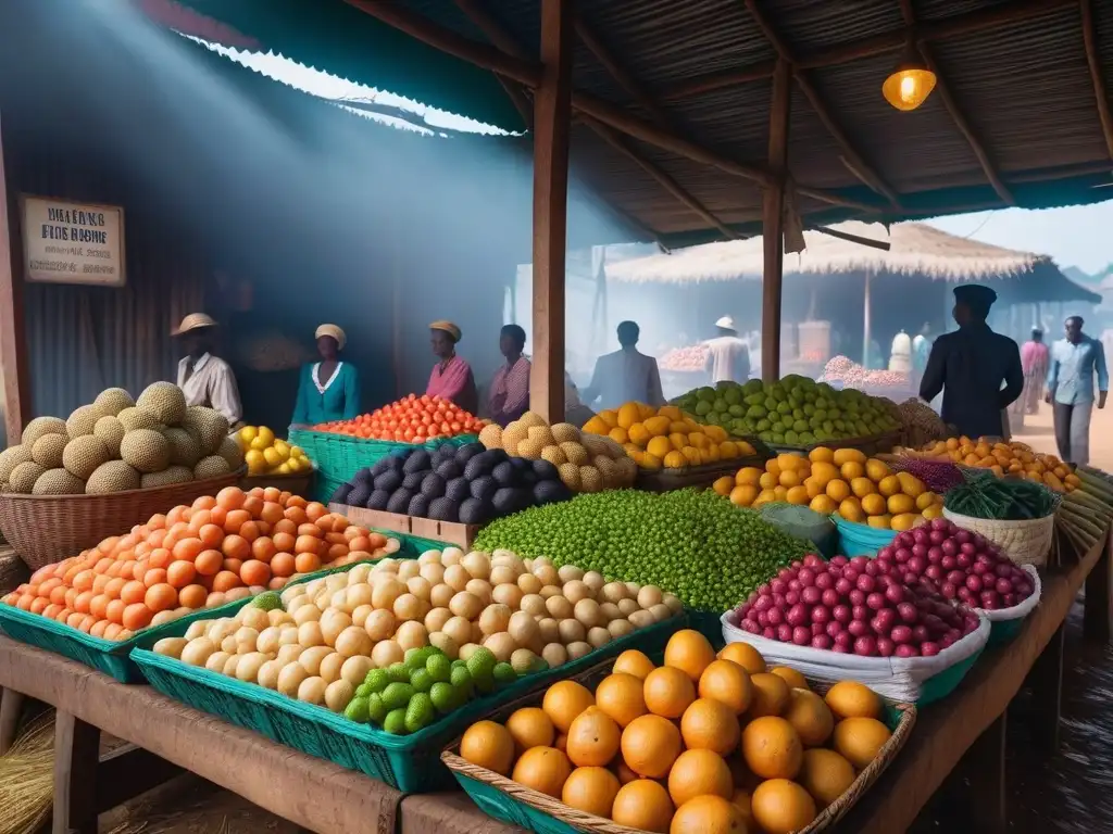 Escena vibrante de un mercado en Madagascar con frutas y verduras coloridas, ideal para recetas cocina vegana Madagascar