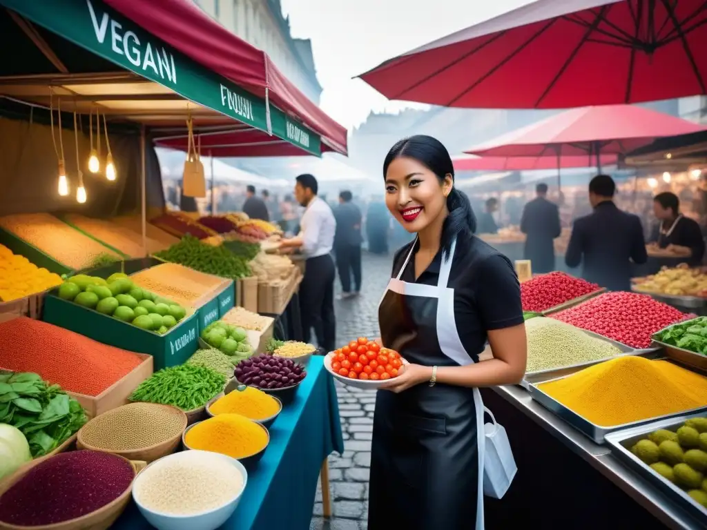 Escena vibrante de mercado gastronómico internacional con puestos coloridos y deliciosos platos veganos de todo el mundo