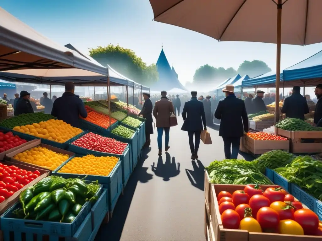 Escena vibrante de mercado con ingredientes veganos frescos locales como verduras de hojas verdes, tomates maduros y pimientos coloridos