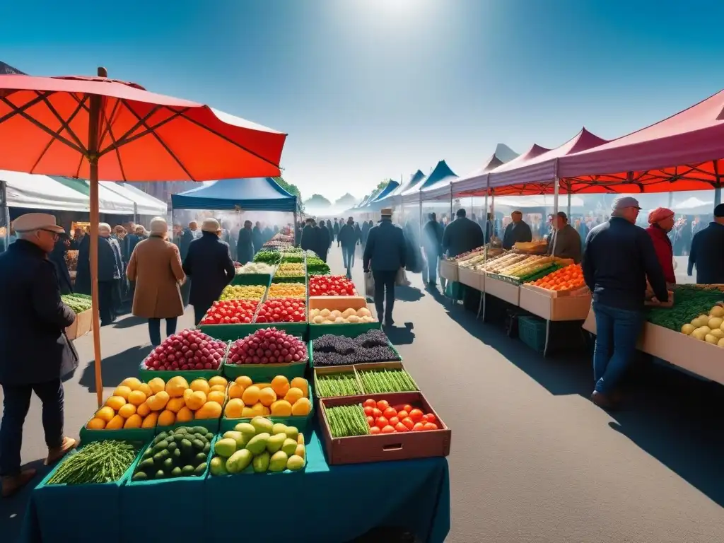 Escena vibrante en un mercado lleno de frutas y verduras frescas, promoviendo beneficios veganismo salud planeta