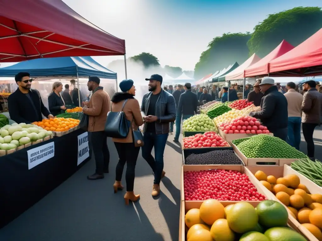 Escena vibrante en un mercado local: diversidad de personas seleccionando productos de soja orgánicos, apoyando a los agricultores