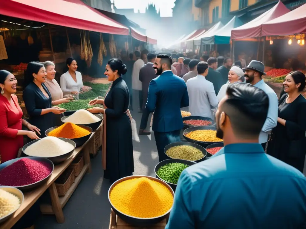 Una escena vibrante en un mercado multicultural donde la cocina vegana une comunidades mundiales