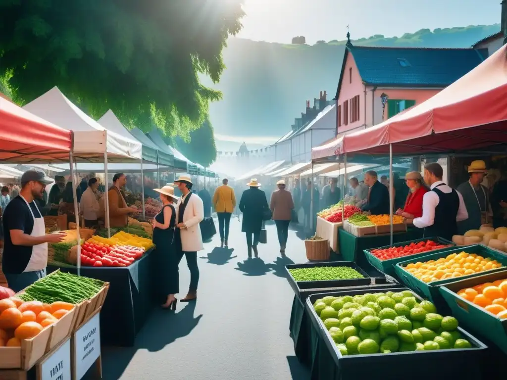 Escena vibrante de un mercado con productos orgánicos, turismo vegano impacto económico local, arquitectura encantadora y vegetación exuberante