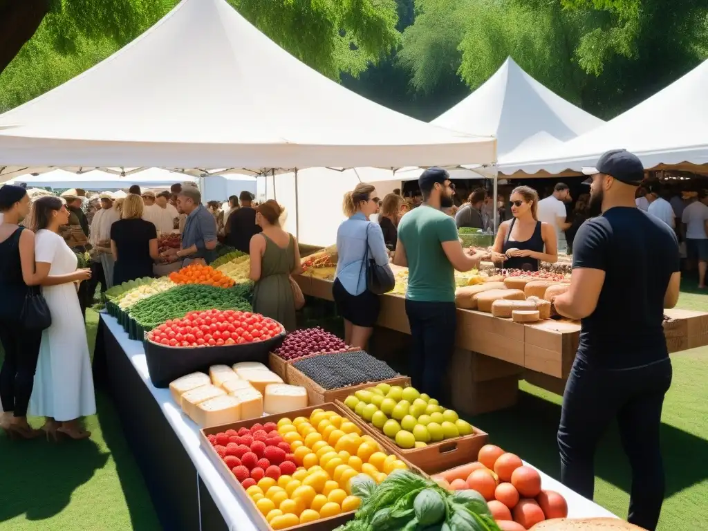 Escena vibrante de mercado con productos orgánicos coloridos, artesanos vendiendo quesos veganos y leches de nueces bajo árboles verdes