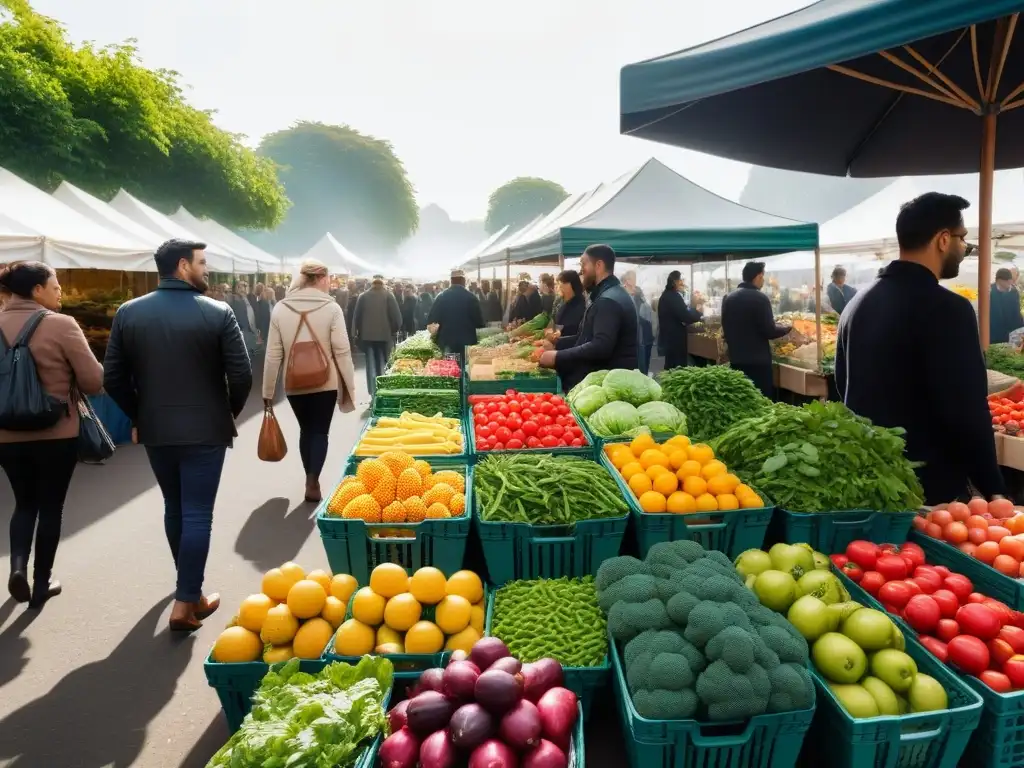 Escena vibrante de mercado con productos veganos, gente diversa explorando puestos coloridos