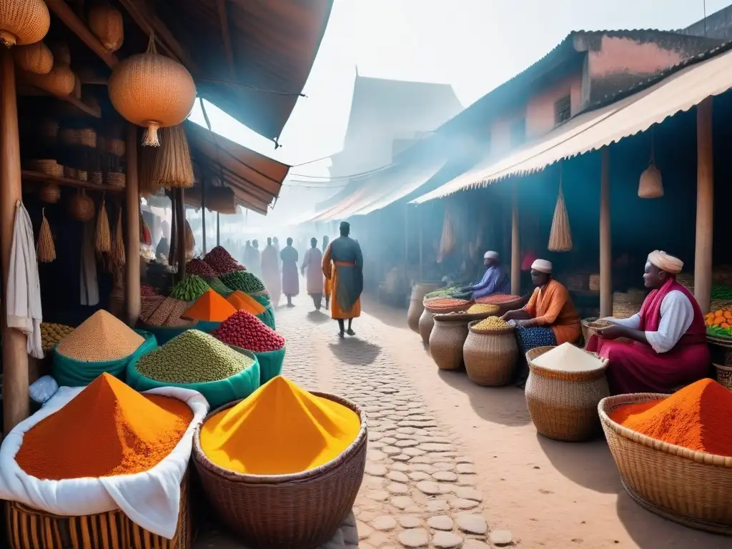 Escena vibrante de un mercado swahili con especias, frutas frescas y tejidos tradicionales