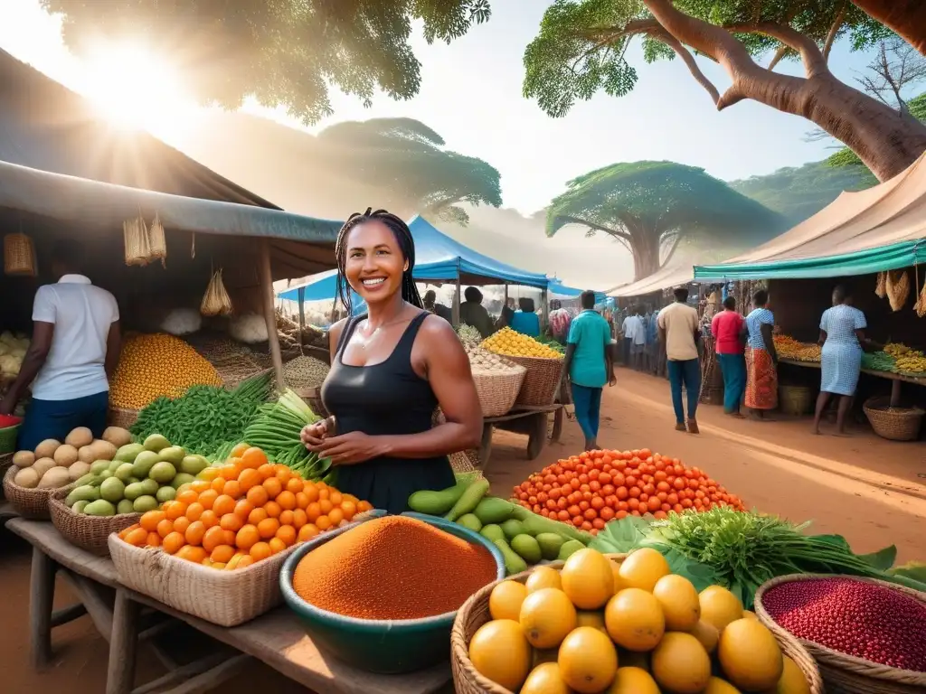 Una escena vibrante de un mercado vegano en Madagascar, donde una mujer malgache regatea en un puesto de frutas y verduras frescas al atardecer