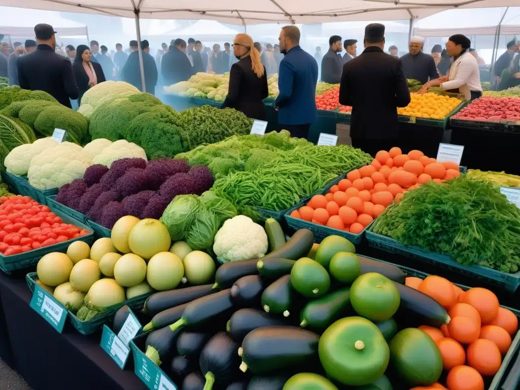 Una escena vibrante en un mercado de vegetales con expertos en nutrición y chefs, destacando la importancia de las certificaciones de nutrición vegana