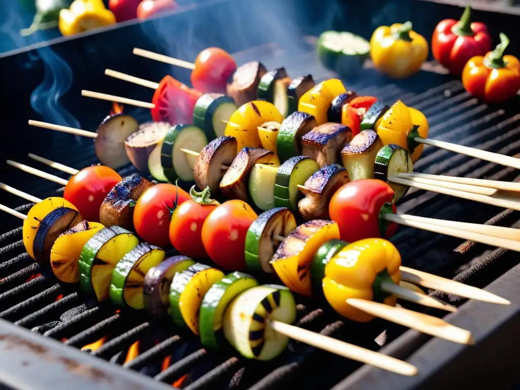 Una escena vibrante y moderna de brochetas de verduras a la parrilla, exudando sabores en un asado vegano recetas sabores