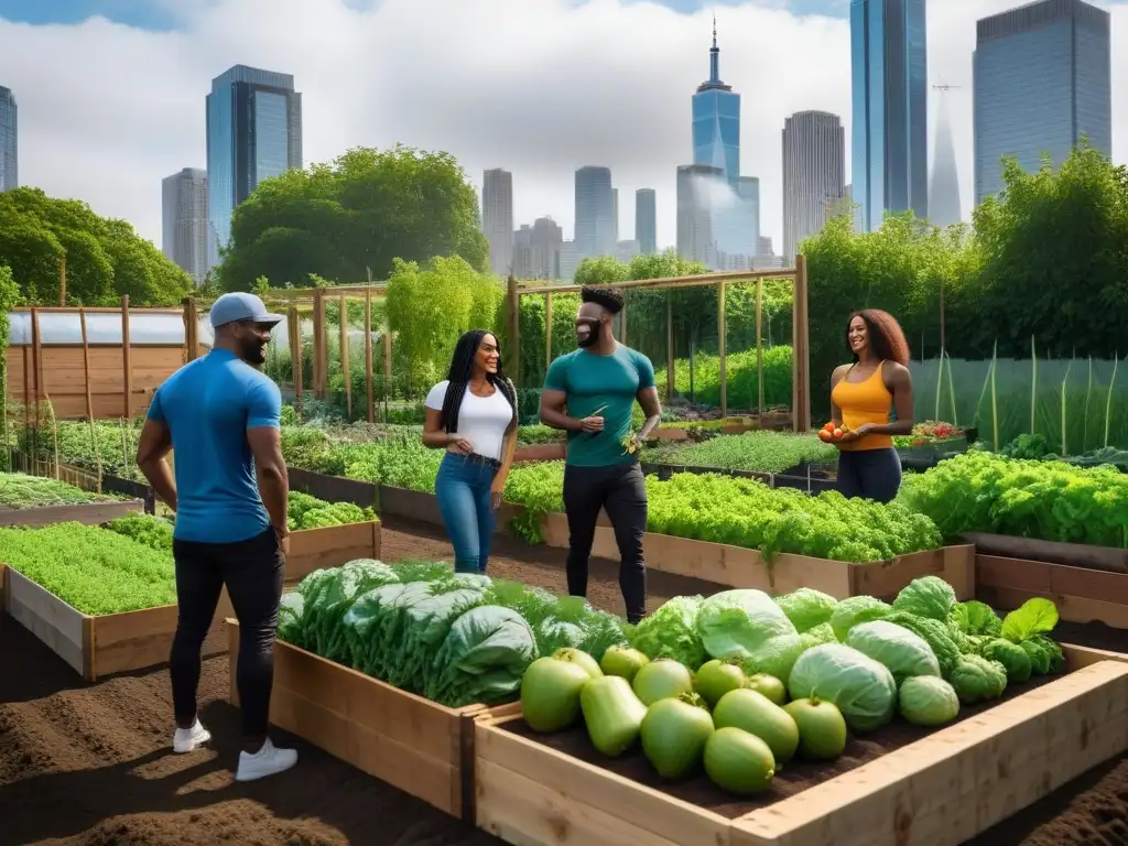 Una escena vibrante y moderna de un bullicioso huerto urbano lleno de vegetales y frutas