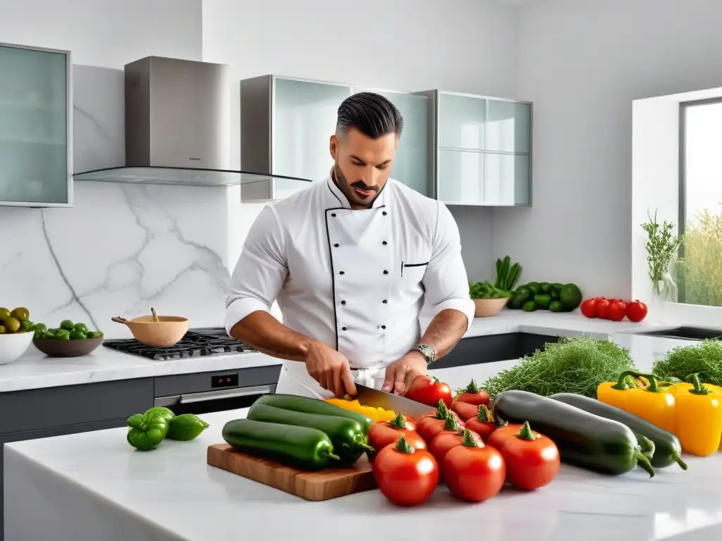 Una escena vibrante y moderna en cocina mediterránea con proteínas vegetales y frescura colorida