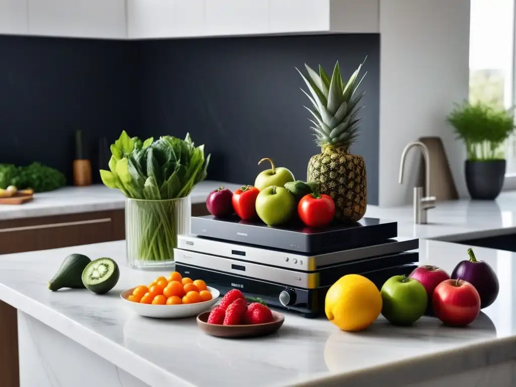 Una escena vibrante y moderna de cocina vegana con frutas y verduras coloridas en un elegante mostrador de mármol