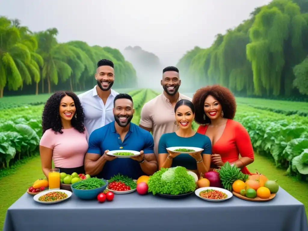 Una escena vibrante y moderna de diversidad, con personas sonrientes disfrutando de comidas veganas