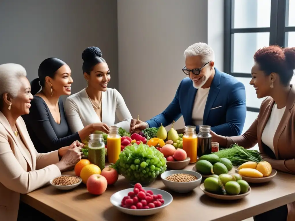 Una escena vibrante y moderna de diversidad en una cocina iluminada, compartiendo conocimientos sobre suplementos en transición dieta vegana