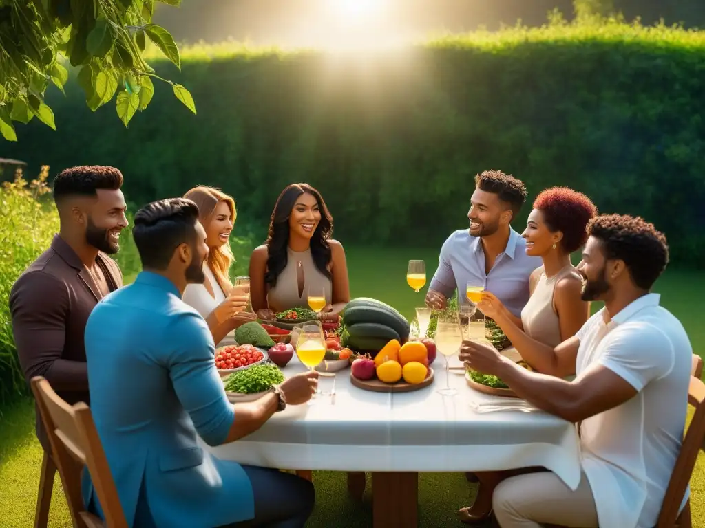 Una escena vibrante y moderna de diversidad en una comida vegana bajo el sol