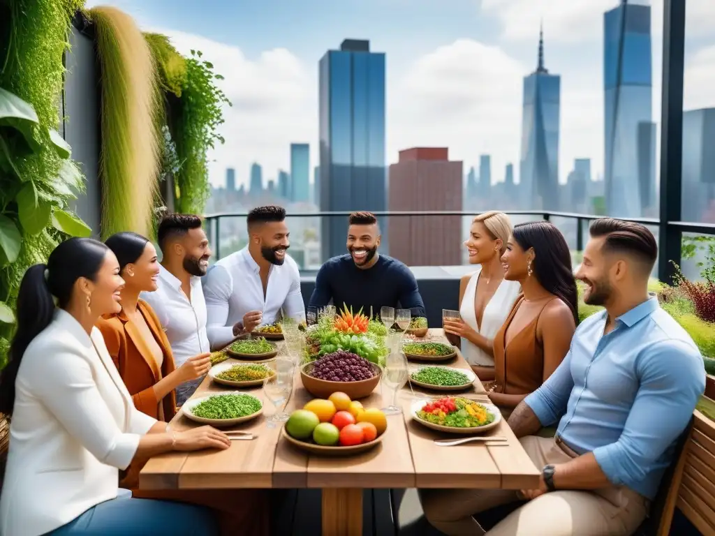 Una escena vibrante y moderna de diversidad y felicidad en un restaurante sostenible con gastronomía vegana