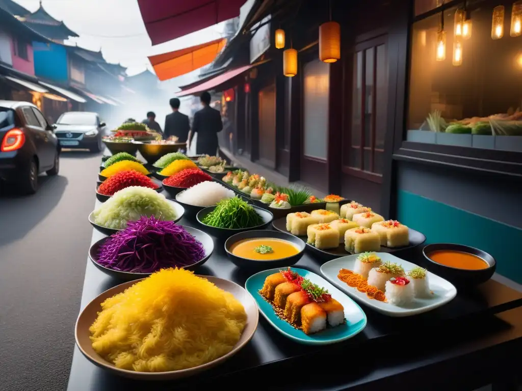 Sabores veganos asiáticos: explosión de colores y sabores Una escena vibrante y moderna de exquisitos platillos veganos asiáticos presentados en una mesa elegante