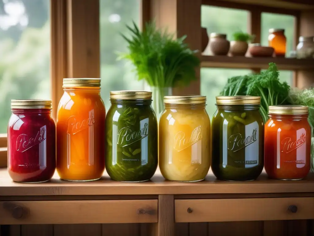 Una escena vibrante y moderna de frascos coloridos con alimentos veganos fermentados en diferentes etapas, iluminados por la luz natural