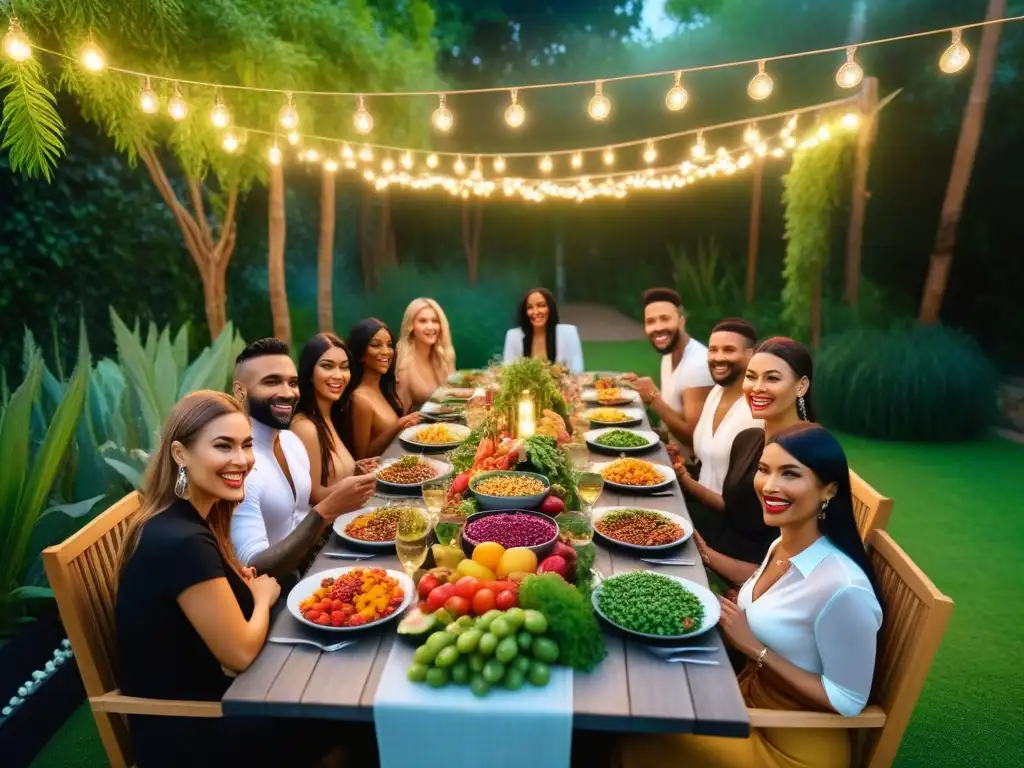 Una escena vibrante y moderna de gastronomía vegana sostenible y ezines en un jardín exuberante con luces de hadas