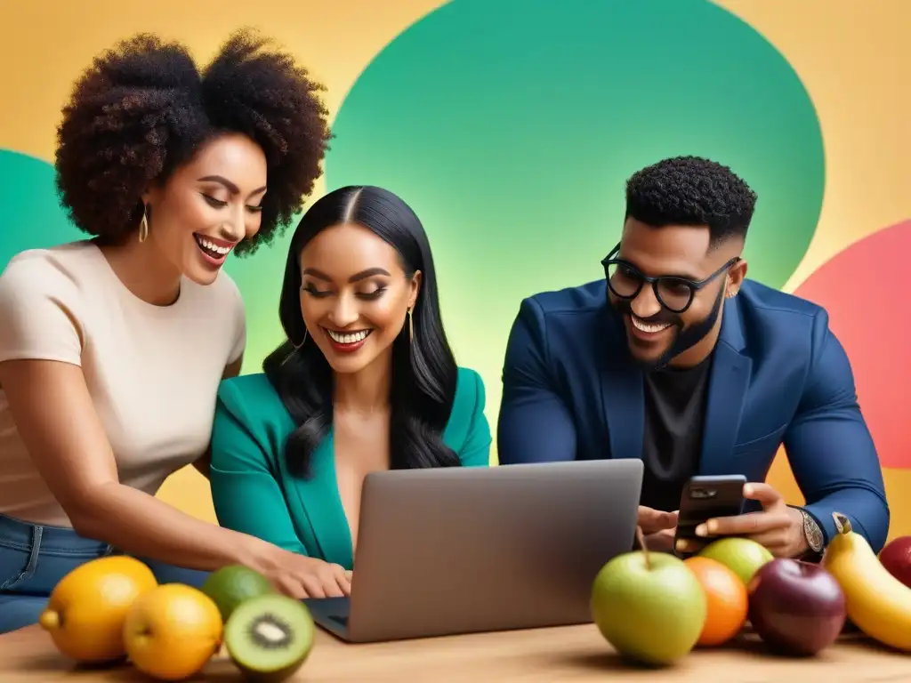 Una escena vibrante y moderna de marketing para productos veganos, con personas diversas sonrientes usando redes sociales