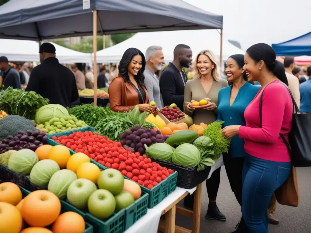 Una escena vibrante y moderna en un mercado con diversidad de personas disfrutando frutas y verduras frescas