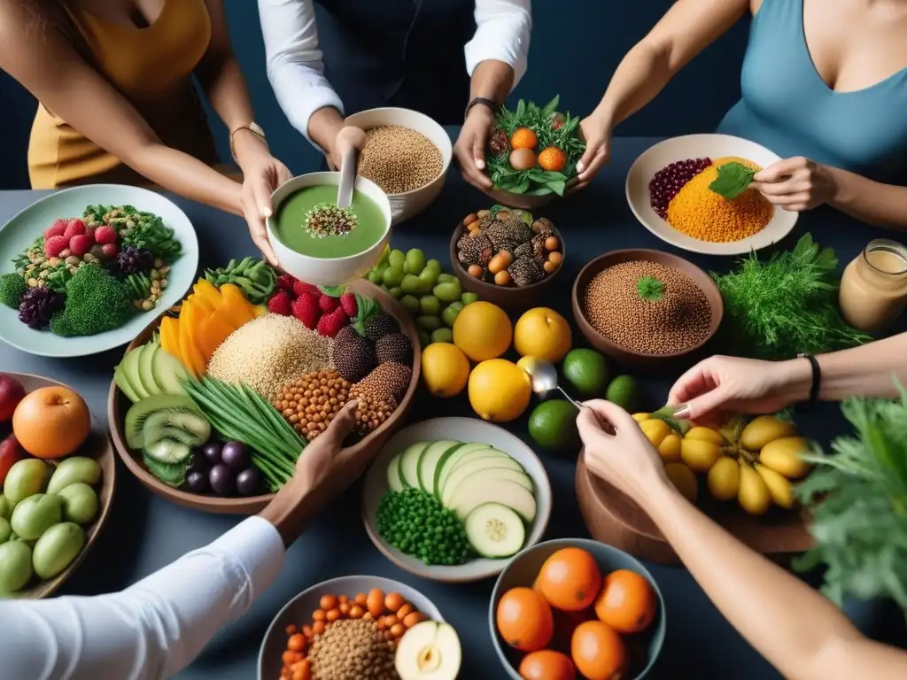 Una escena vibrante y moderna donde personas diversas disfrutan de una mesa colorida con alimentos veganos