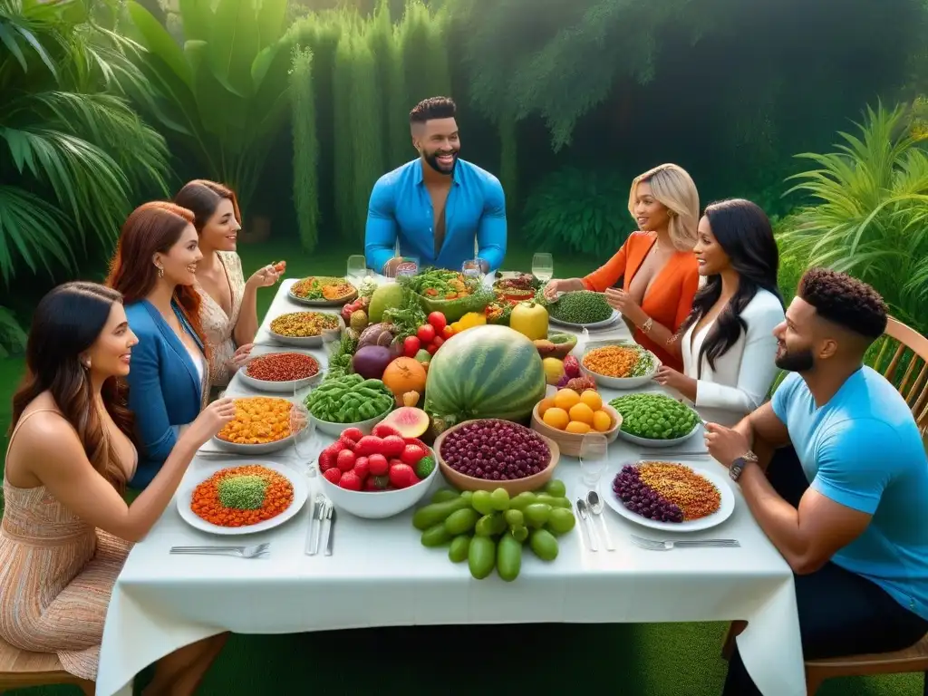 Una escena vibrante y moderna de personas disfrutando de alimentos vegetales en comunidad