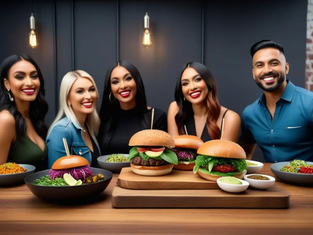 Una escena vibrante y moderna de personas diversas disfrutando hamburguesas veganas innovadoras y deliciosas en un ambiente hip y acogedor