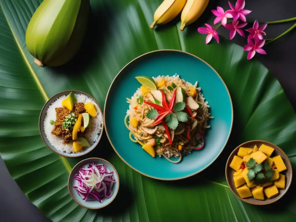 Una escena vibrante y moderna de platos veganos del Sudeste Asiático en platos de cerámica, sobre hojas verdes y flores coloridas