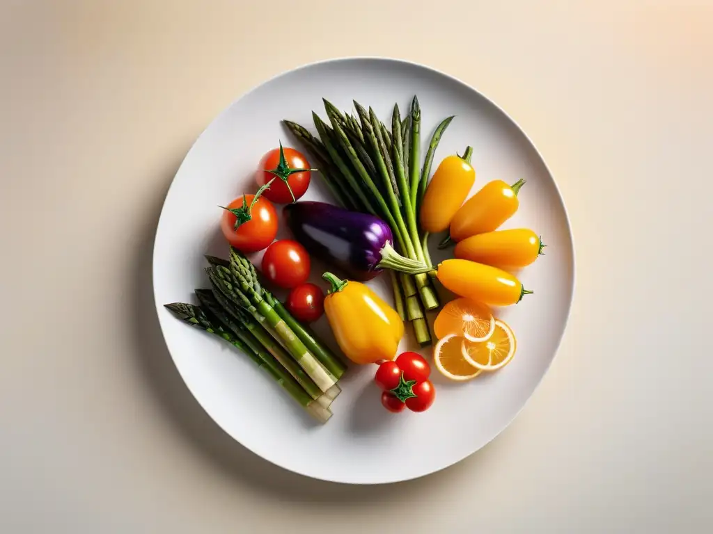 Una escena vibrante y moderna de verduras frescas orgánicas en un plato blanco minimalista