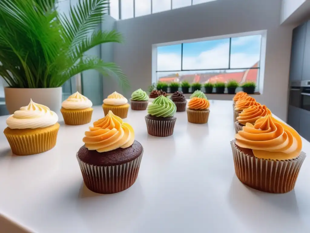 Escena vibrante en panadería vegana: clientes diversos disfrutan de exquisitos pasteles veganos