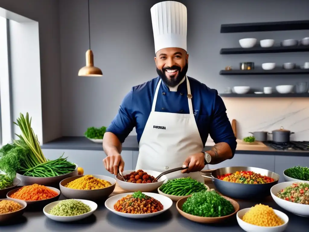 Una escena vibrante de personas de diferentes edades y etnias cocinando y compartiendo platos veganos coloridos en una cocina moderna y luminosa, con estantes llenos de libros que explican la ciencia detrás de la cocina vegana