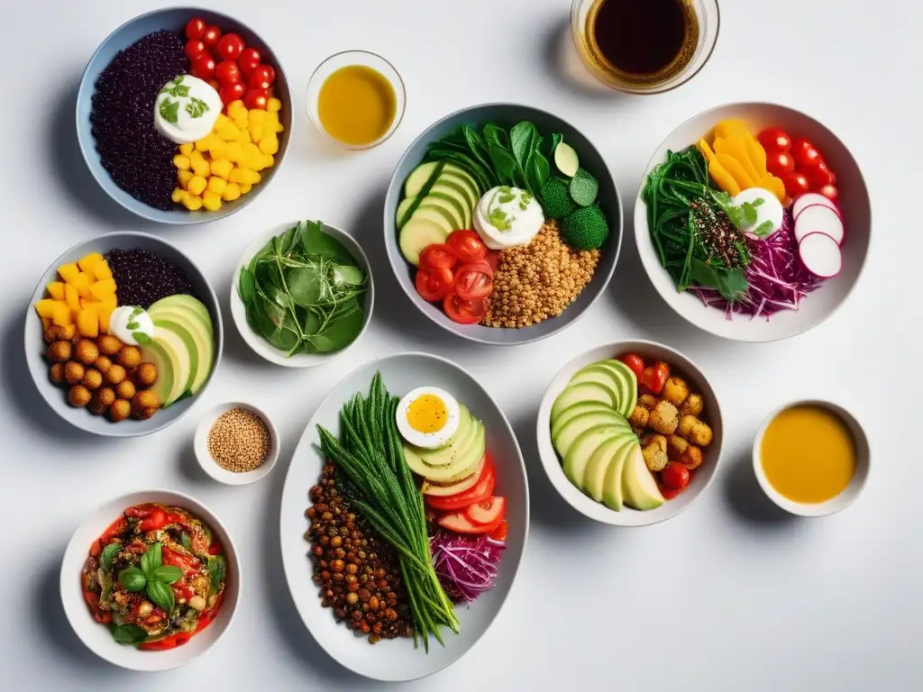 Una escena vibrante de platos veganos sin aceite en una mesa blanca minimalista, creando un exquisito plan de comidas veganas sin aceite