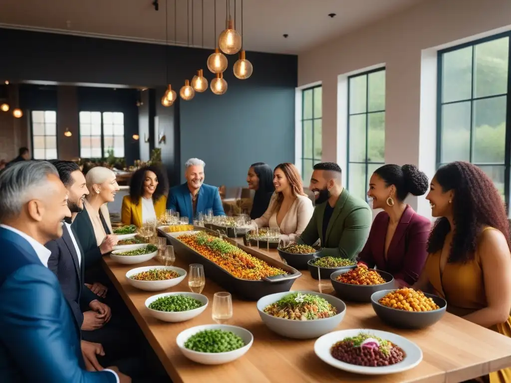 Una escena vibrante en un restaurante ecofriendly con fusiones veganas sostenibles alimentación responsable