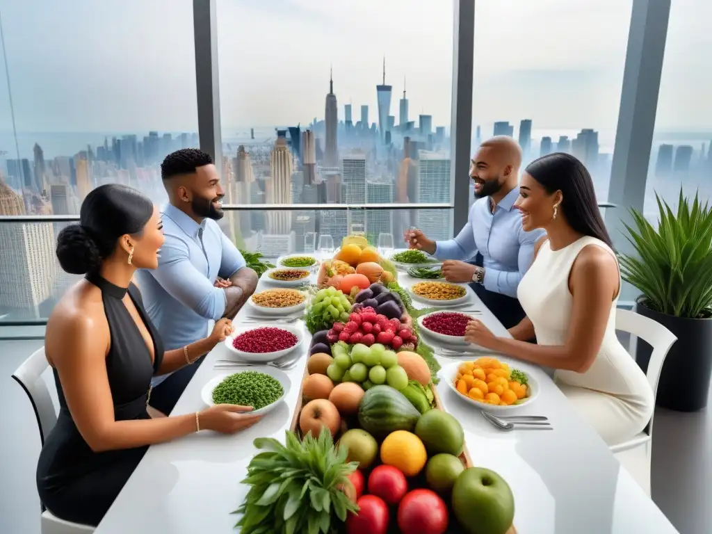 Una escena vibrante y sofisticada de diversidad cultural en un comedor moderno con comida vegana