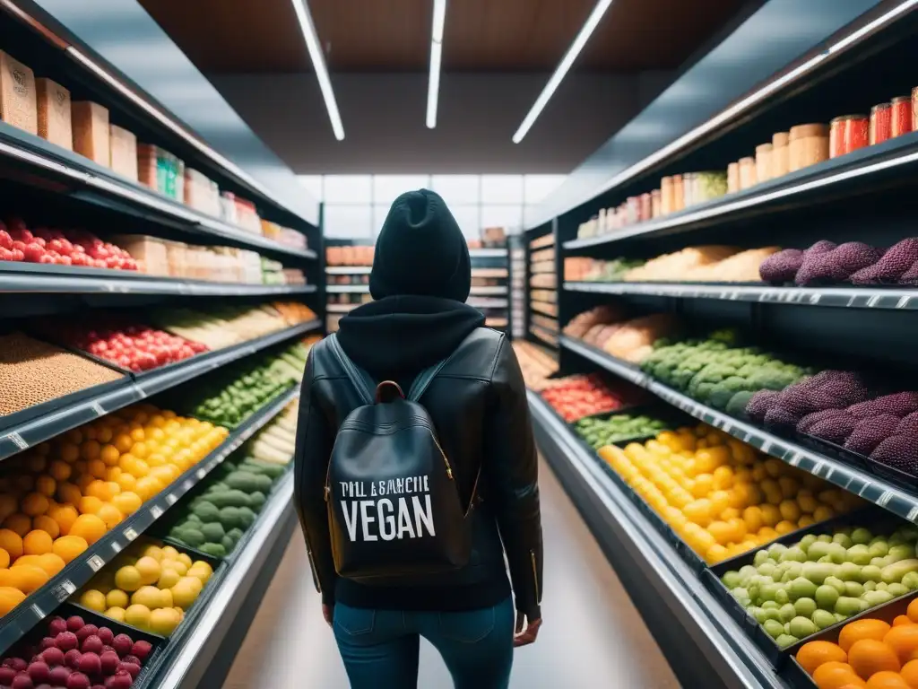 Escena vibrante en tienda vegana llena de alimentos ricos en zinc, enfocando en la importancia del zinc en veganos