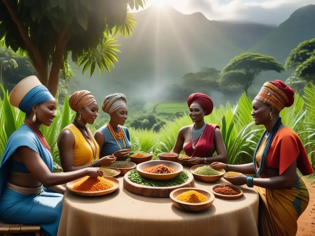 Escena vibrante de tradición gastronomía vegana en tribus africanas, compartiendo platos coloridos en comunidad al atardecer