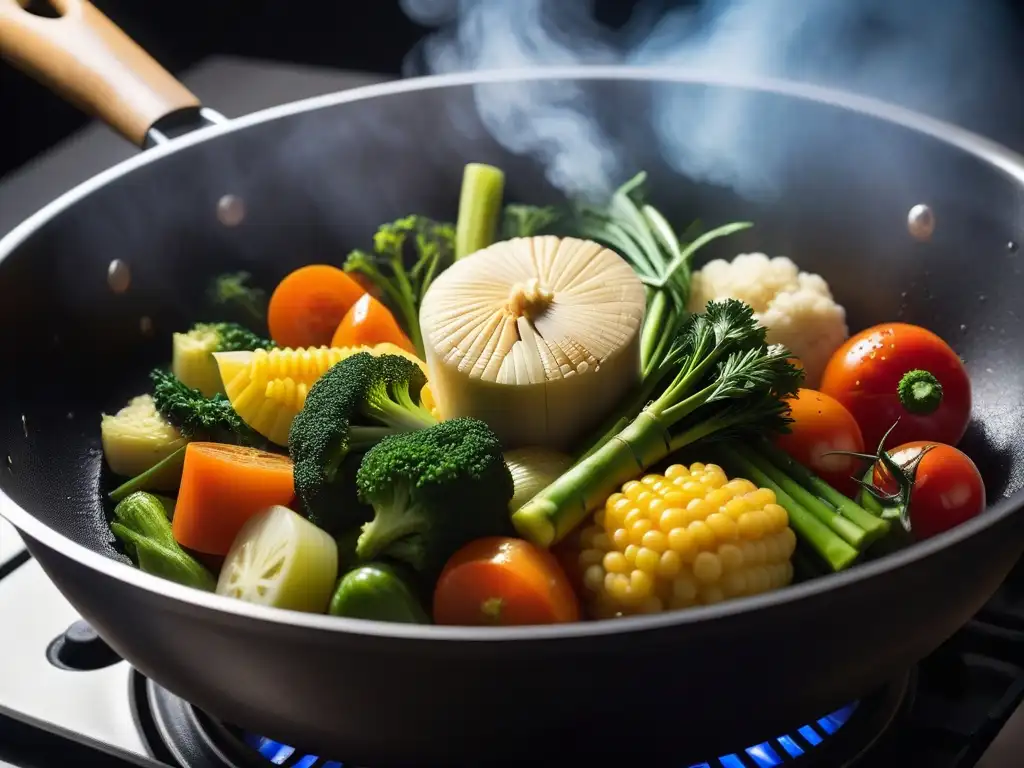 Una escena vibrante de vegetales coloridos al vapor en un cesto de bambú, resaltando la frescura y beneficios de sazonar cocina vegana al vapor